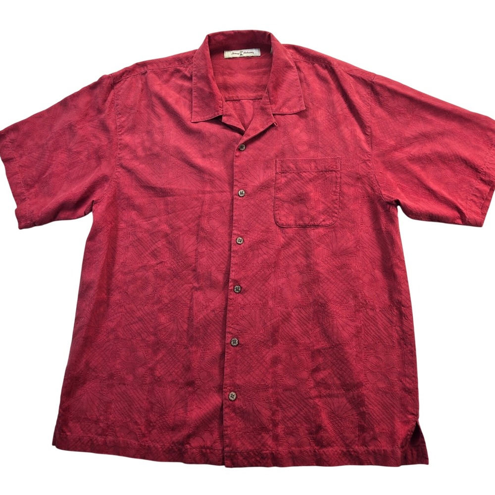 Tommy Bahama Shirt Mens XL Red Silk Tropical Jacquard Short Sleeve Button Down